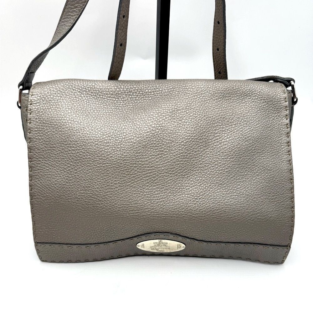Auth Fendi Metallic Grey Beige Selleria Leather Anna Crossbody Messenger Bag - Picture 13 of 15